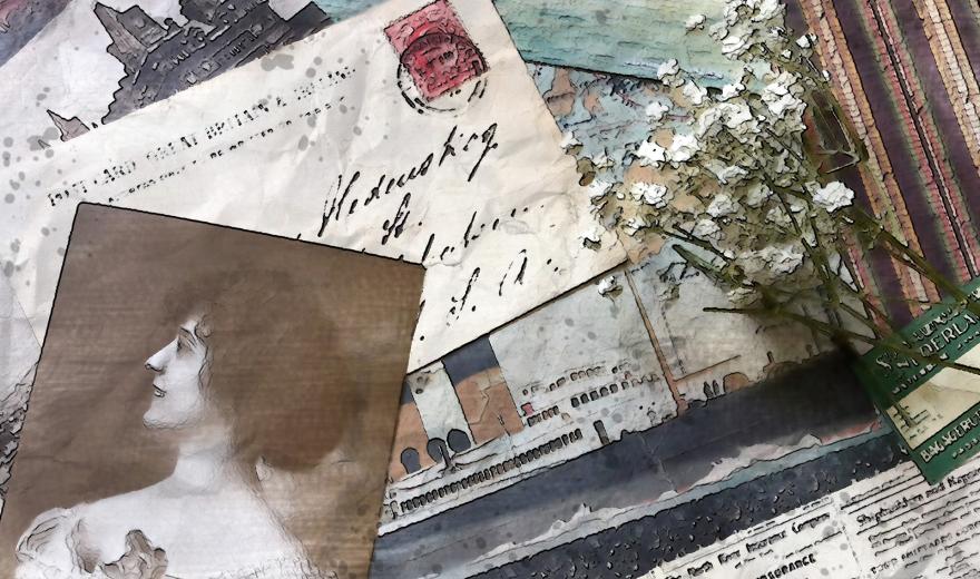 Een collage van oude foto's, briefkaarten, kranten en witte droogbloemen.